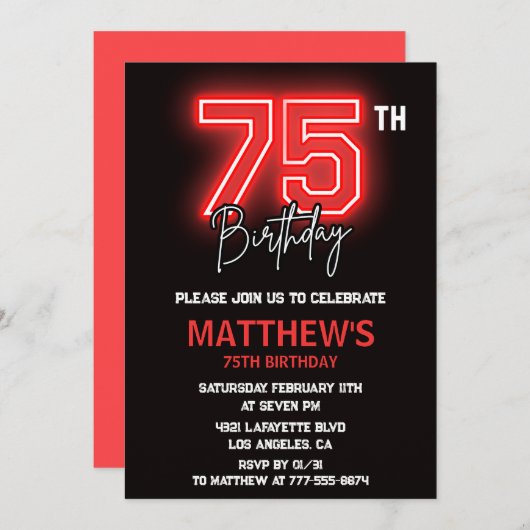 Black 75. Geburtstag Einladungen Männer Neon (Vorne/Hinten)