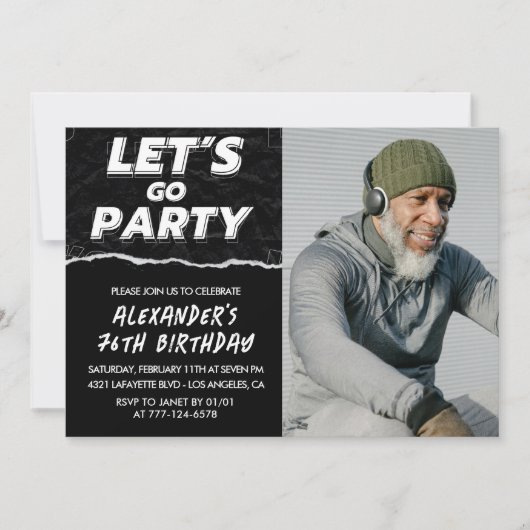 Black 76. Geburtstag Einladungen Männer Foto (Vorderseite)