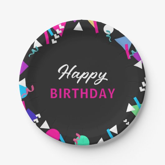 Black 80er Muster Birthday Paper Plate Pappteller (Vorderseite)