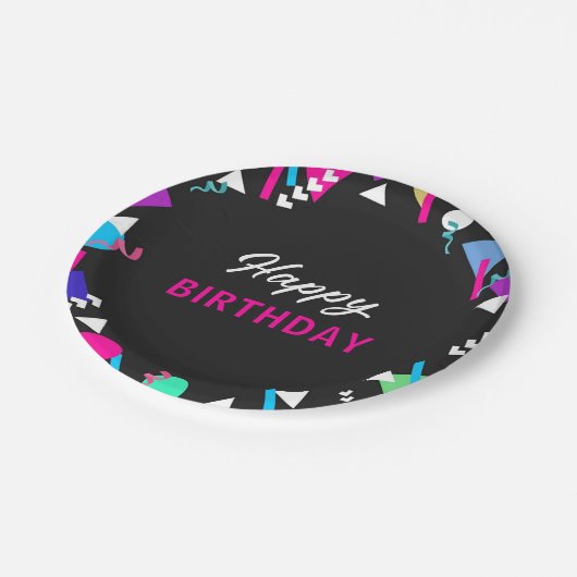 Black 80er Muster Birthday Paper Plate Pappteller (Schrägansicht)