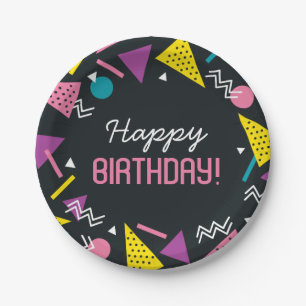 Black 80er Muster Birthday Paper Plate Pappteller