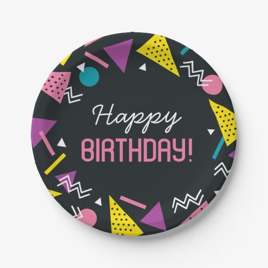 Black 80er Muster Birthday Paper Plate Pappteller (Vorderseite)