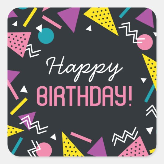 Black 80er Pattern Birthday Square Sticker (Vorderseite)