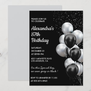 Black 87. Geburtstag Einladungen Balloons Silver