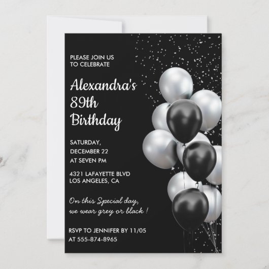 Black 89. Geburtstag Einladungen Balloons Silver (Vorderseite)