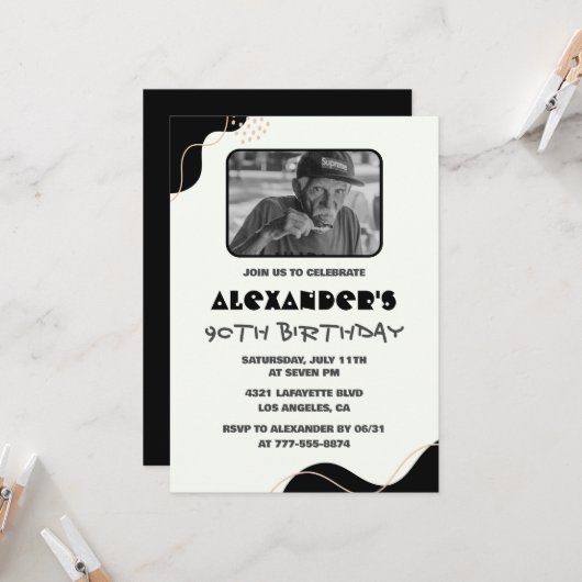 Black 90. Geburtstag Einladungen Männer Einfaches (Vorderseite/Rückseite Beispiel)