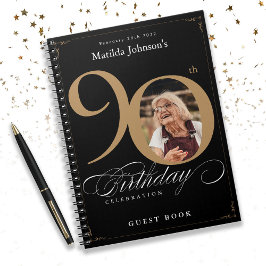Black 90 th Birthday Gold Elegant Script Guestbook Notizblock