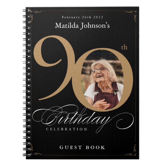 Black 90 th Birthday Gold Elegant Script Guestbook Notizblock (Vorderseite)