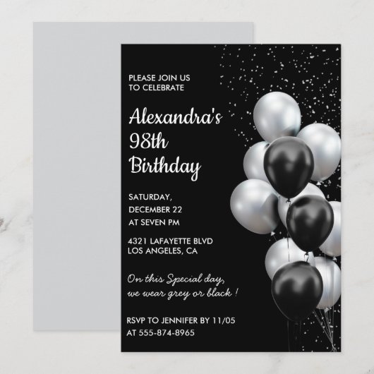 Black 98. Geburtstag Einladungen Balloons Silver (Vorne/Hinten)