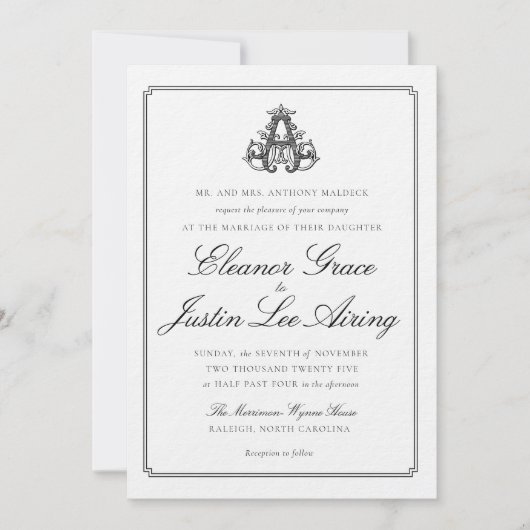Black "A" Monogram Wedding Invitation Einladung (Vorderseite)