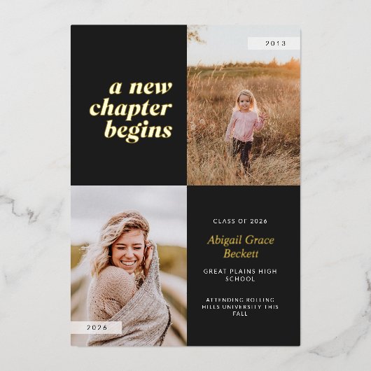 Black A New Chapter Begins Graduation Folieneinladung (Vorderseite)