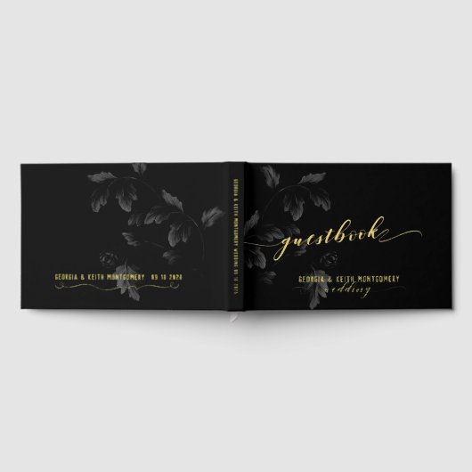 Black Acanthus Leaf Gold Script Elegante Hochzeit Gästebuch (Voll)