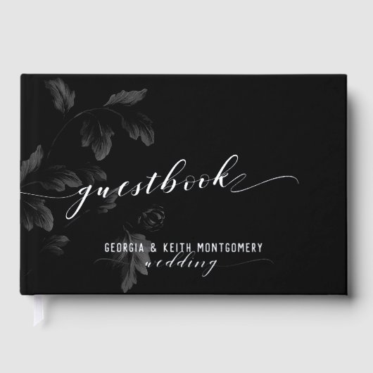 Black Acanthus Leaf Silver Script Elegante Hochzei Gästebuch (Vorderseite)