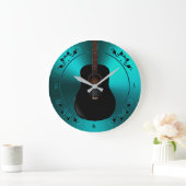 Black Acoustic Gitarre auf der Aquamarinen Musikuh Große Wanduhr (Zuhause)