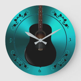 Black Acoustic Gitarre auf der Aquamarinen Musikuh Große Wanduhr