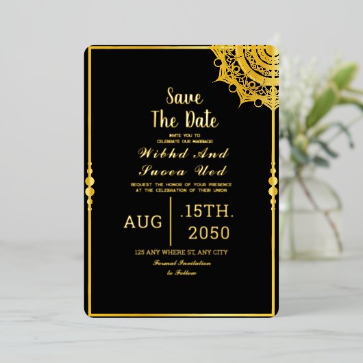 Black Acrylic Wedding Luxury Save the Date Folieneinladung (Stehend vorne)
