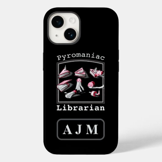 Black Add Initials Pyromaniac Librarian Sketched Case-Mate iPhone Hülle (Rückseite)