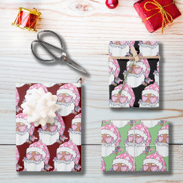 Black African American Santa Face Pink Weihnachten Geschenkpapier Set
