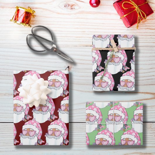 Black African American Santa Face Pink Weihnachten Geschenkpapier Set
