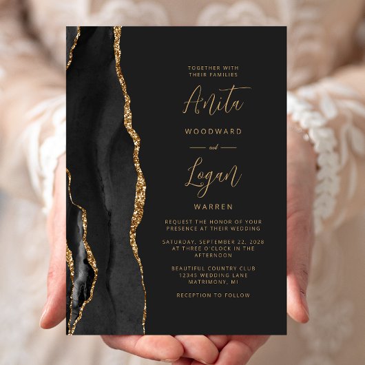 Black Agate Elegant Gold Script Wedding Einladung
