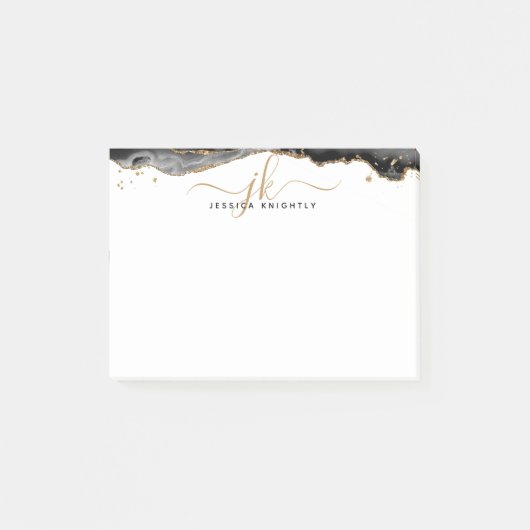 Black Agate Geode Gold Glitzer Script Monogram Post-it Klebezettel (Vorderseite)