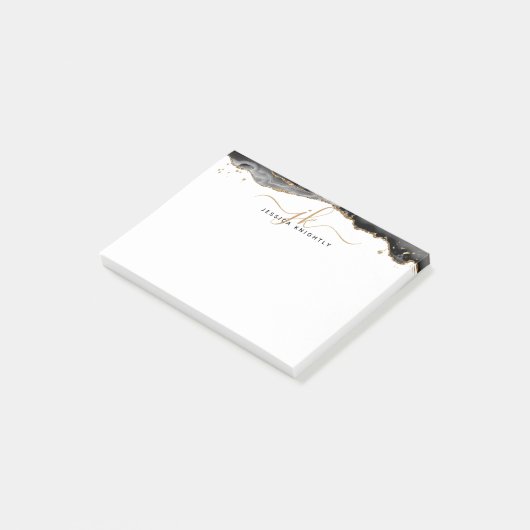 Black Agate Geode Gold Glitzer Script Monogram Post-it Klebezettel (angewinkelt)