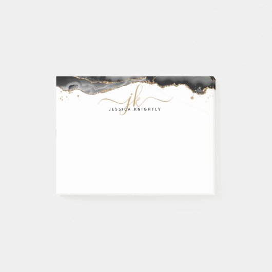 Black Agate Geode Gold Glitzer Script Monogram Post-it Klebezettel (Vorderseite)