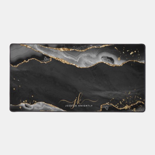 Black Agate Geode Monogram Gold Script Schreibtischunterlage (Vorderseite)