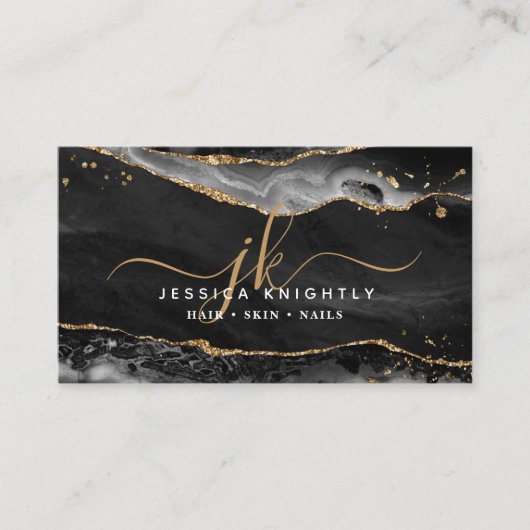 Black Agate Geode Monogram Gold Script Visitenkarte (Vorderseite)