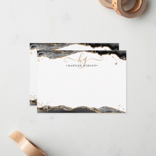 Black Agate Geode Monogram Script Gold Glitzer Mitteilungskarte (Vorderseite/Rückseite Beispiel)