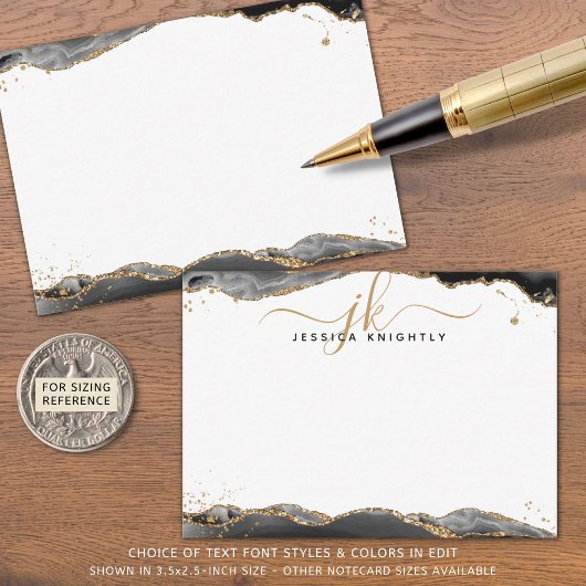 Black Agate Geode Script Monogram Gold Glitzer Mitteilungskarte