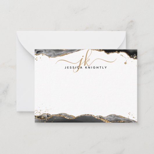 Black Agate Geode Script Monogram Gold Glitzer Mitteilungskarte (Vorderseite)