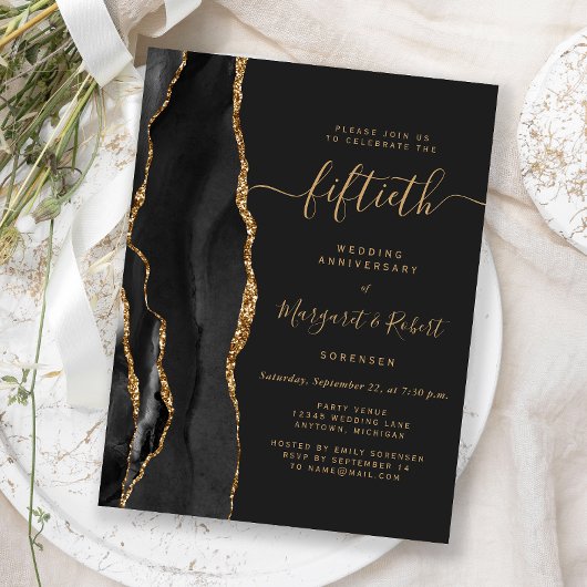 Black Agate Gold 50th Anniversary Party Postkarte
