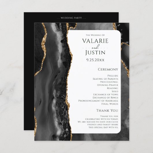 Black Agate Gold Glitzer Hochzeitsprogramm (Vorne/Hinten)