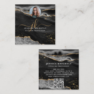 Black Agate Gold Glitzer Script Foto QR Quadratische Visitenkarte