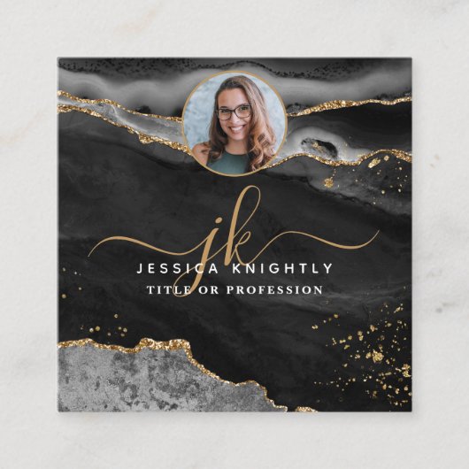 Black Agate Gold Glitzer Script Foto Quadratische Visitenkarte (Vorderseite)