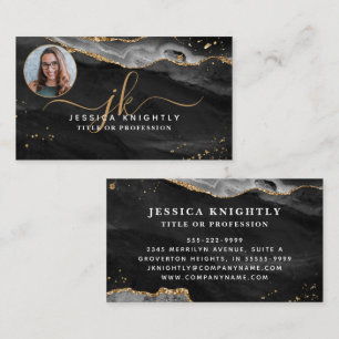 Black Agate Gold Glitzer Script Monogram Foto Visitenkarte