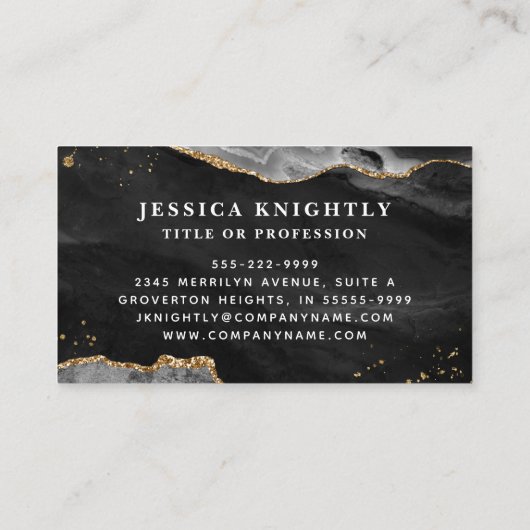 Black Agate Gold Glitzer Script Monogram Foto Visitenkarte (Rückseite)