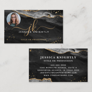 Black Agate Gold Glitzer Script Monogram Foto Visitenkarte