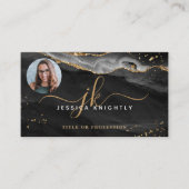 Black Agate Gold Glitzer Script Monogram Foto Visitenkarte (Vorderseite)