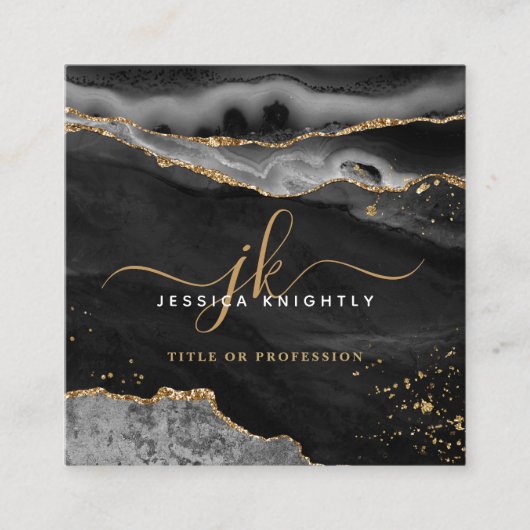 Black Agate Gold Glitzer Script Monogram Quadratische Visitenkarte (Vorderseite)