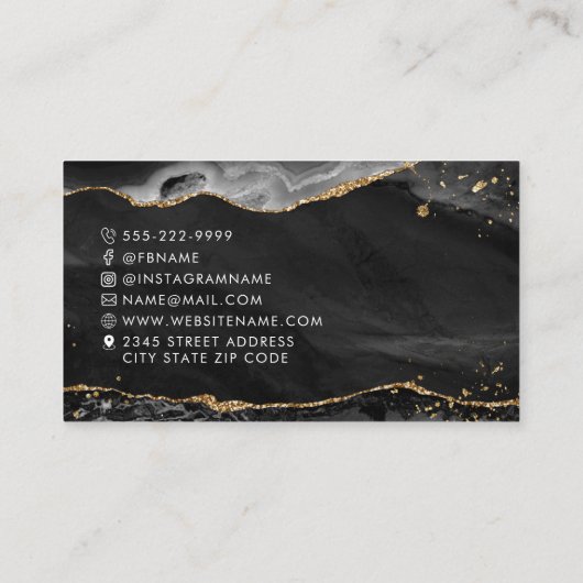Black Agate Gold Glitzer Script Monogram Visitenkarte (Rückseite)