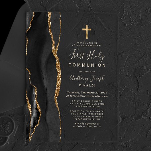 Black Agate Gold Text Erste heilige Kommune Acryleinladungen
