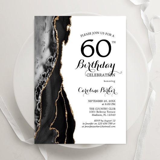 Black Agate Gold White 60. Geburtstag Einladung
