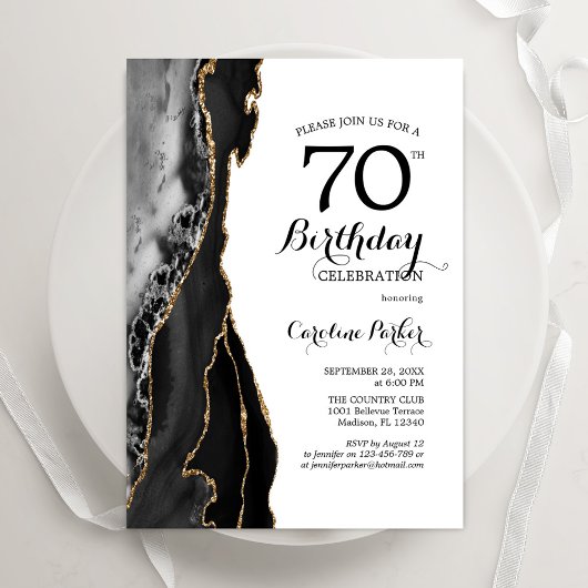 Black Agate Gold White 70. Geburtstag Einladung