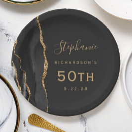 Black Agate Marble Gold Dark 50. Geburtstag Pappteller