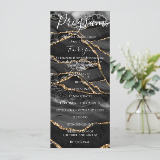 Black Agate Minimalistisch Luxus Hochzeitsprogramm Menükarte (Stehend Vorderseite)