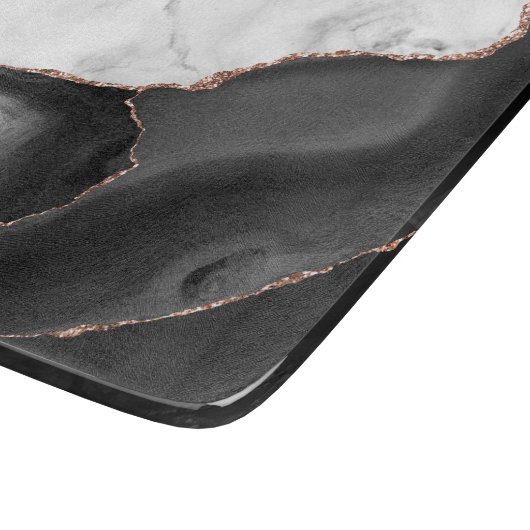 Black Agate Rose Gold Glitzer aus weißem Marmor Schneidebrett (Ecke)