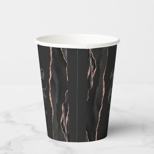 Black Agate Rose Gold Glitzer Script Hochzeit Pappbecher (Rechts)