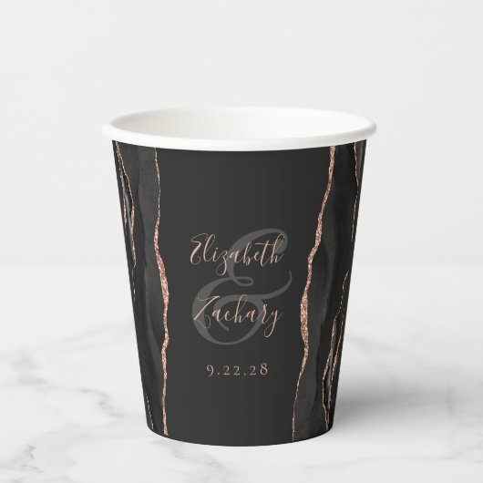 Black Agate Rose Gold Glitzer Script Hochzeit Pappbecher (Vorderseite)